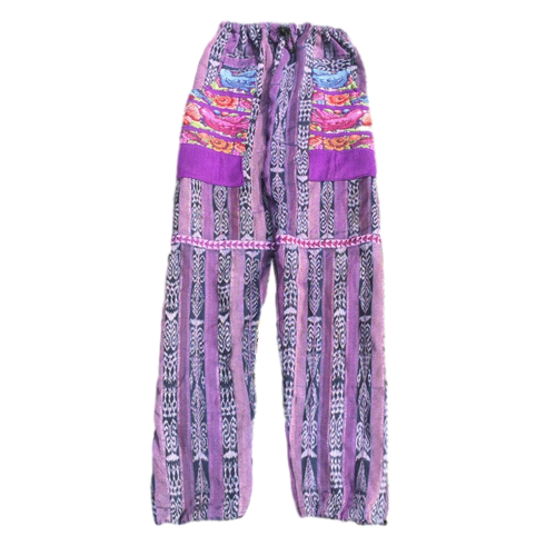 Guatemalan Corte Pants with Huipil Pockets - Purple Birds - Fair Trade Gypsy