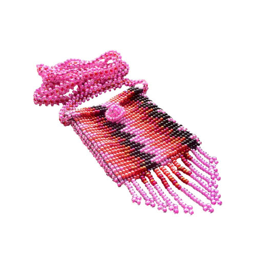 Maya Geometry Beaded Pouch Necklace - Pink