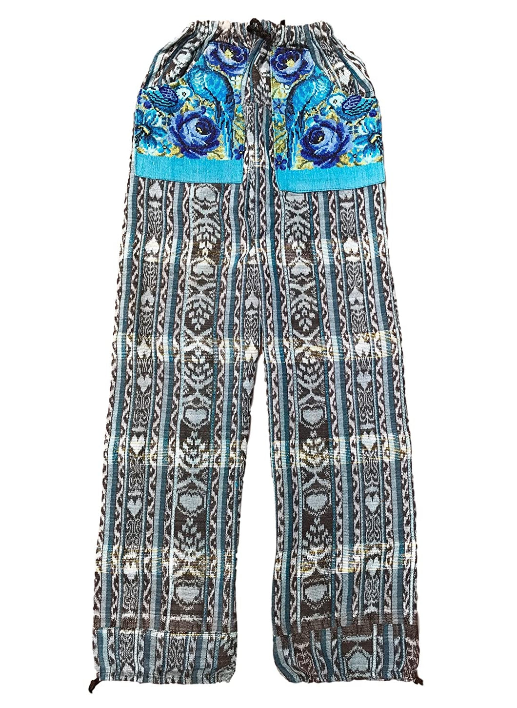 Guatemalan Corte Style Pants with Huipil Pockets- Blue